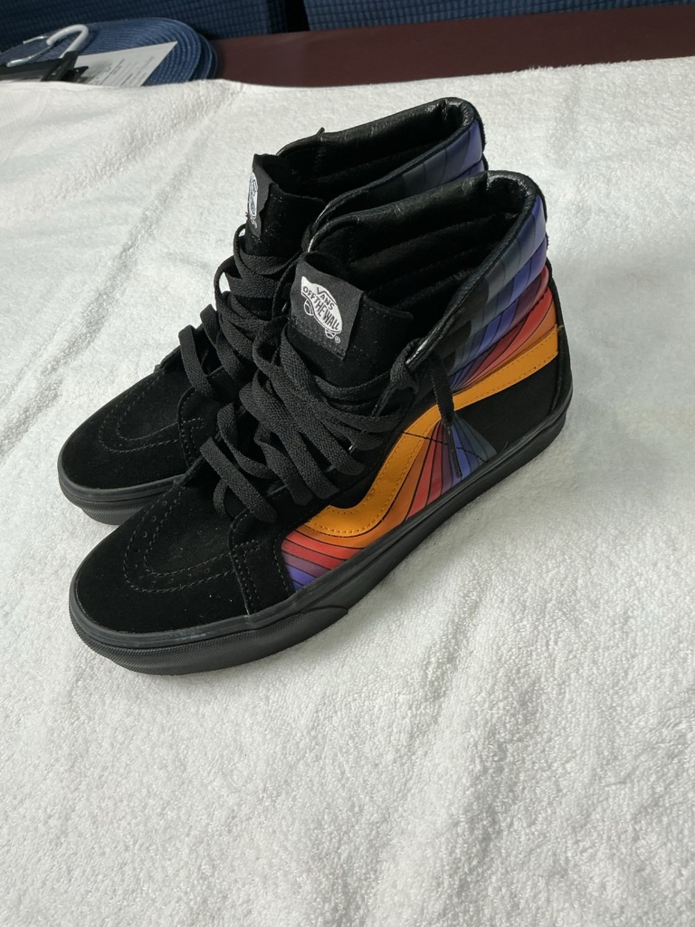 Vans Black High-Top Sneakers with Rainbow Gradient Side Stripes